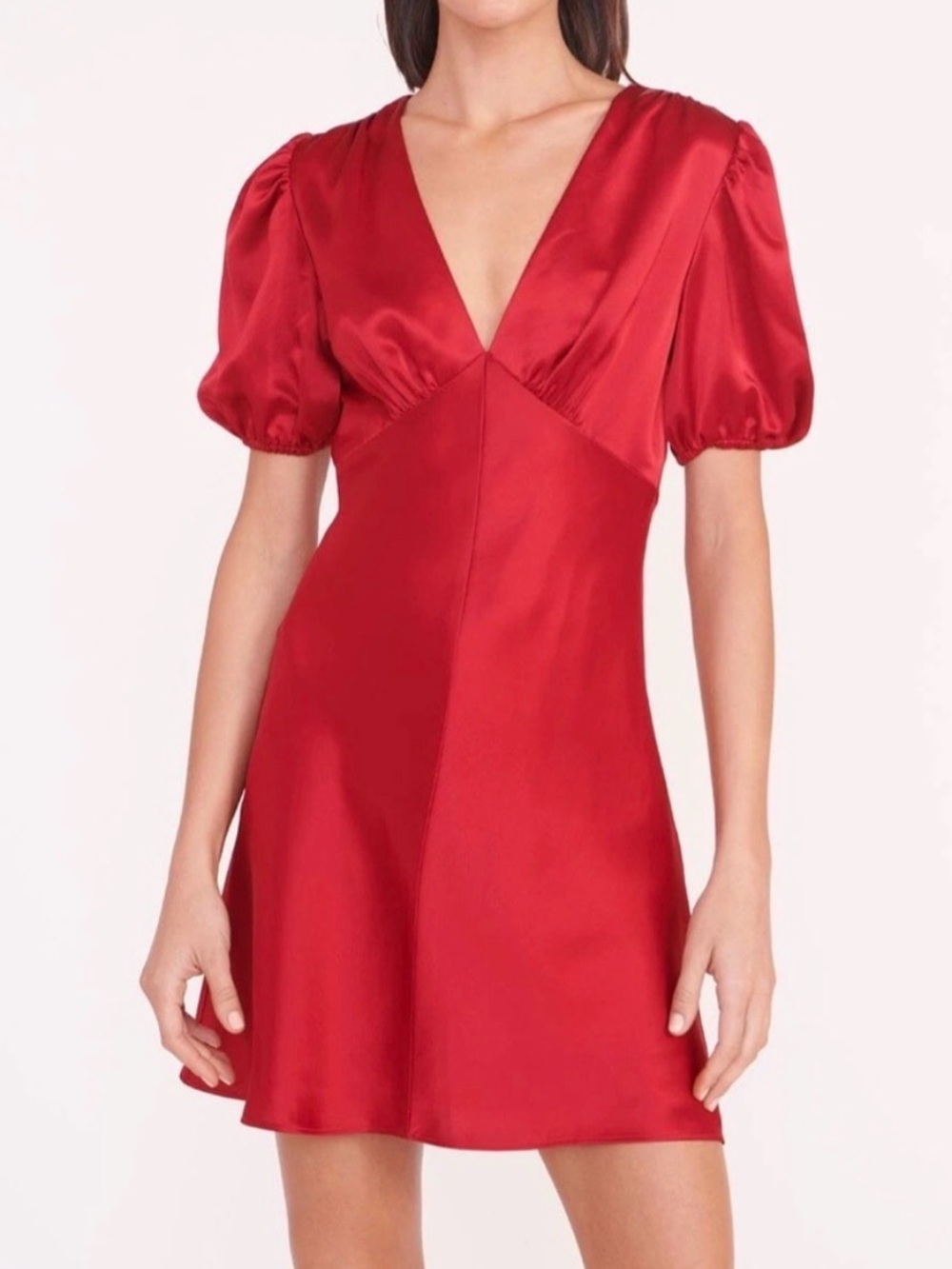 STAUD Women’s Milli Red Satin V-Neck Puff-Sleeve Mini Dress - Size 14